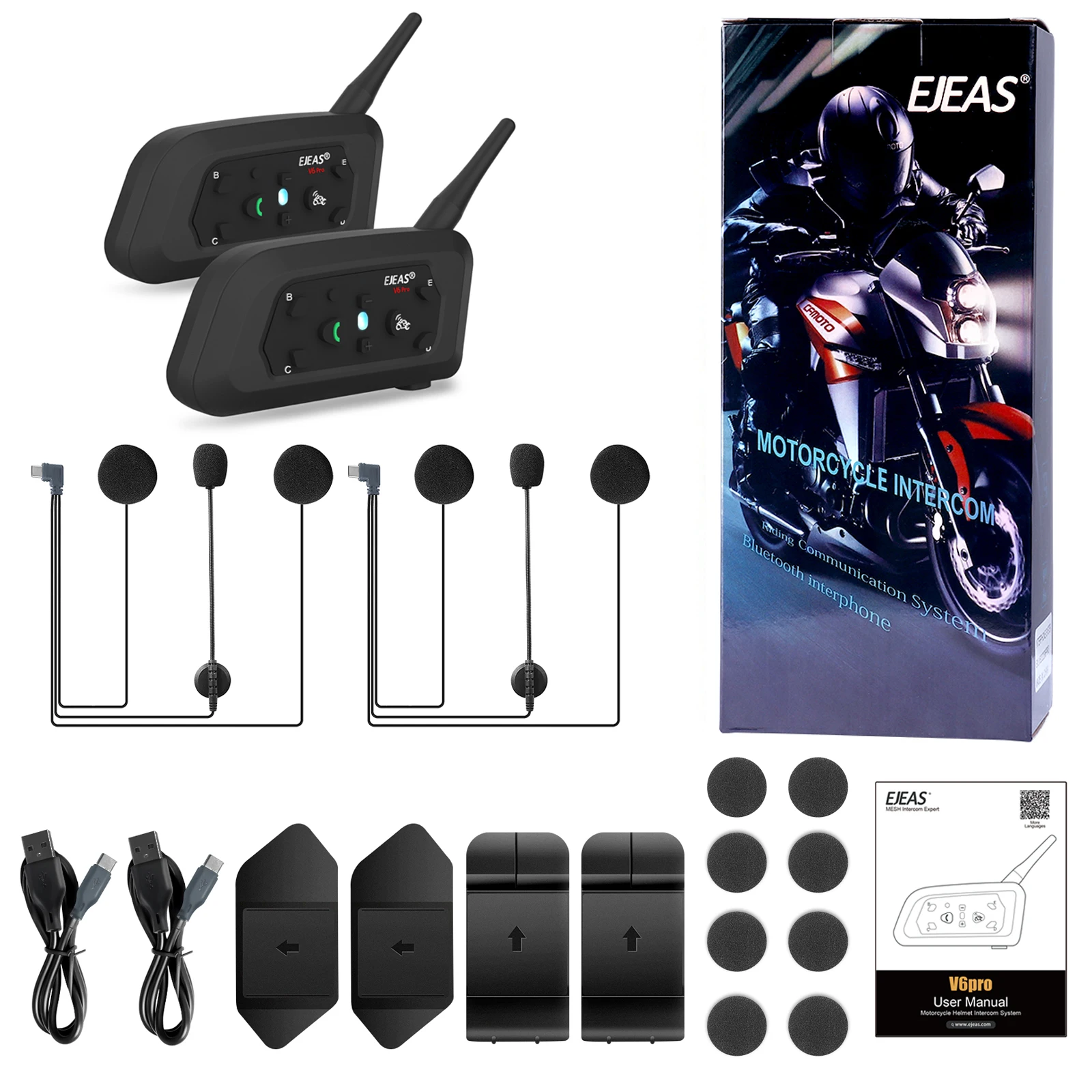 EJEAS V6 PRO +/PLUS Motorcycle Helmet Intercom  Bluetooth Headset with 800M BT Interphone Communicator for 6 Riders Waterproof