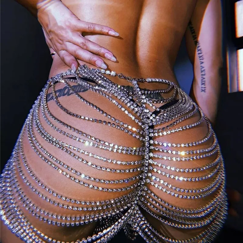 Women Sexy Body Metal Chain Rhinestone Ass Skirt Chain Shiny Hollow Out Sexy Skirt Nightclub Performance Costume Body Chain