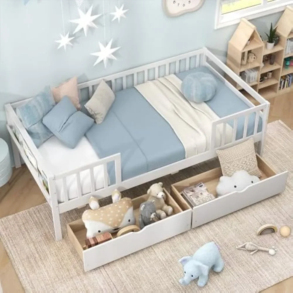 Twin Kids Bed with Storage Drawers, Wood Twins Beds with Rails & Side Shelf, Montessori Beds, Twin Bed Frame for Kids