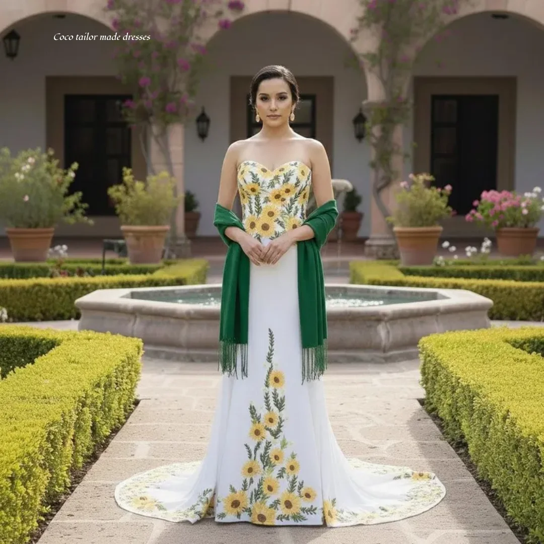 Embroidery White Dress - Mexican White Satin Mermaid Wedding Dress