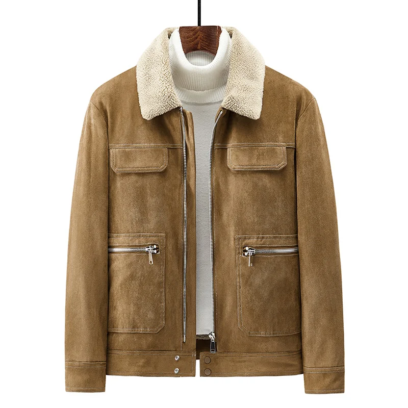سترة رجالية عصرية من جلد الغزال مع بطانة من الصوف معطف عالي المرونة ومضاد للتجاعيد سترة شتوية بقصة ضيقة