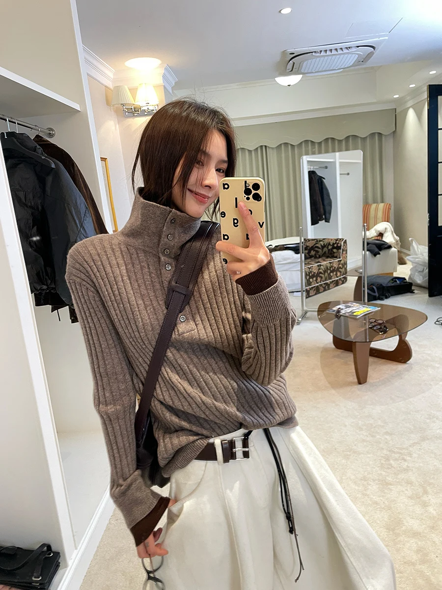 

JCCC adow High Ne Knitted Sweater Soft Polyester Wool Blend Long Sve Flip Collar Color Blo Cuff Loose Fit Autumn Wear