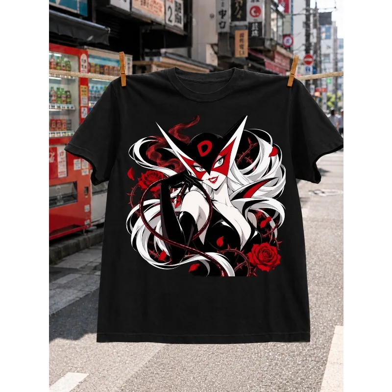 Red Black White Fantasy Woman Graphic T-Shirt with Long Flowing Hair Thorny Roses Heart Detail and Dramatic Anime