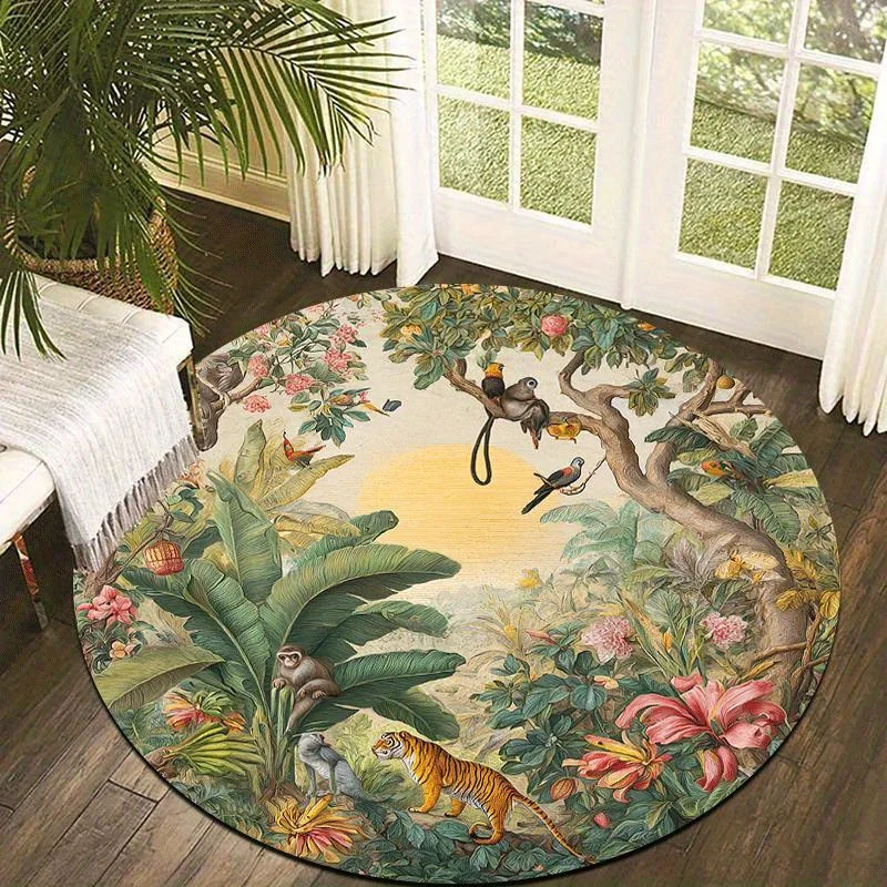 VIKAMA Tropical Jungle Animal Round Rug Vintage Rainforest Tiger Monkey Bird Floral Print Non‑slip Living‑room Circular FloorMat