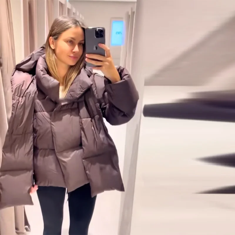 

Thicken Women's Down Jacket Brown Detachable Scarf Collar Hooded Padded Cotton Coats Zipper Outwears 2025 New Winter Lady Coats