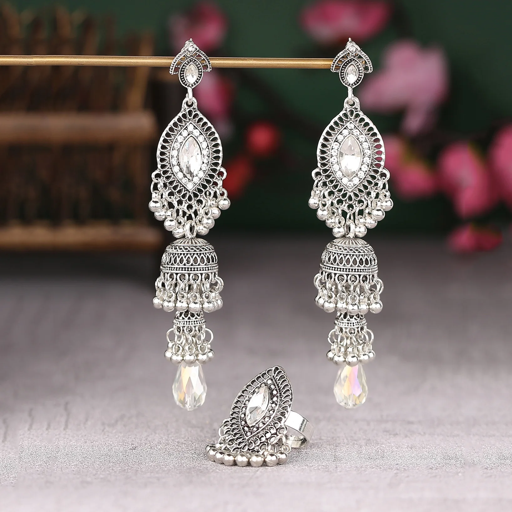 Ethnic Luxury Silver Color Long Dangle Earring Set White Crystal Water Drop Jewelry Set for Women Vintage Indian Brincos Jewelry