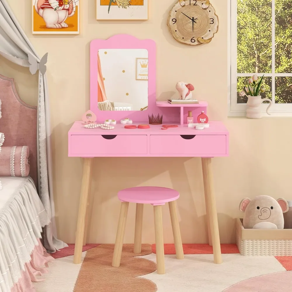 

Kids Vanity, Toddler Dressing Table & Chair for Bedroom, 2 Storage Drawer & Square Mirror