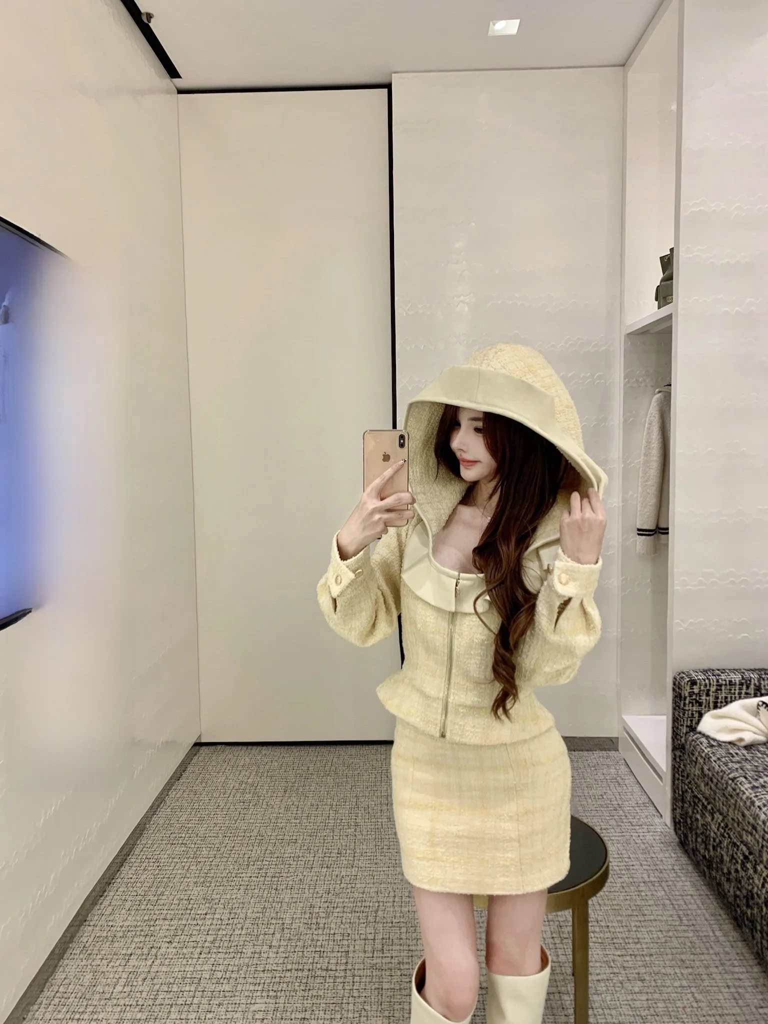 

Bewitosey осенне-зимний комплект пальто и юбки из хлопка с покрытием Thi твидового цвета с капюшоном Jaet ature Fraance Sle, женская одежда