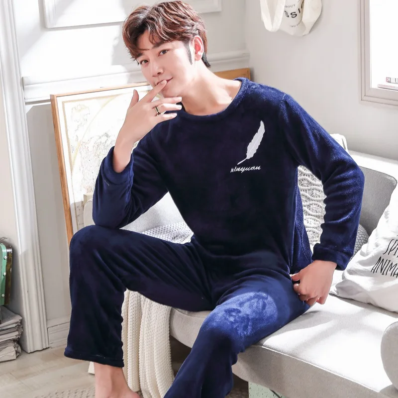 Two Piece Men Autumn and Winter Warm Flannel Pyjamas Sets Blue Long Sleeve Elastic Sleepwear Solid Soft Casual O-Neck homewear