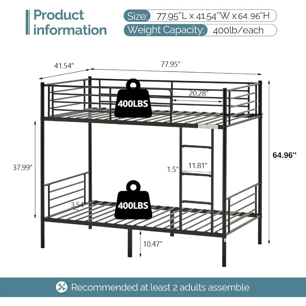 Tempat tidur susun untuk anak-anak, remaja & dewasa, tempat tidur dengan tangga & tangga datar, bilah logam tugas berat, tanpa kotak musim semi diperlukan