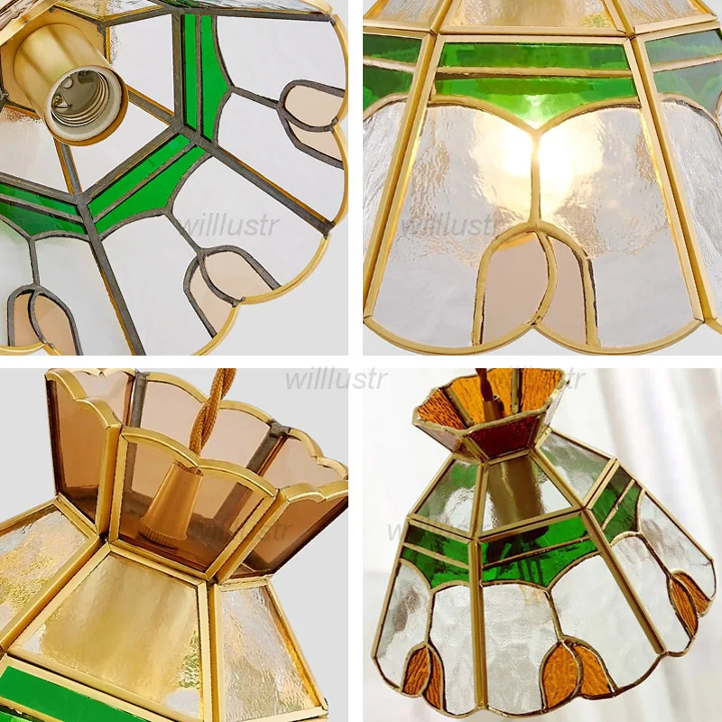 Retro Copper Tulip Pendant Lamp Colored Glass Ceiling Chandelier for Aisle Bar Cafe Hotel Nordic Style Suspension Lighting