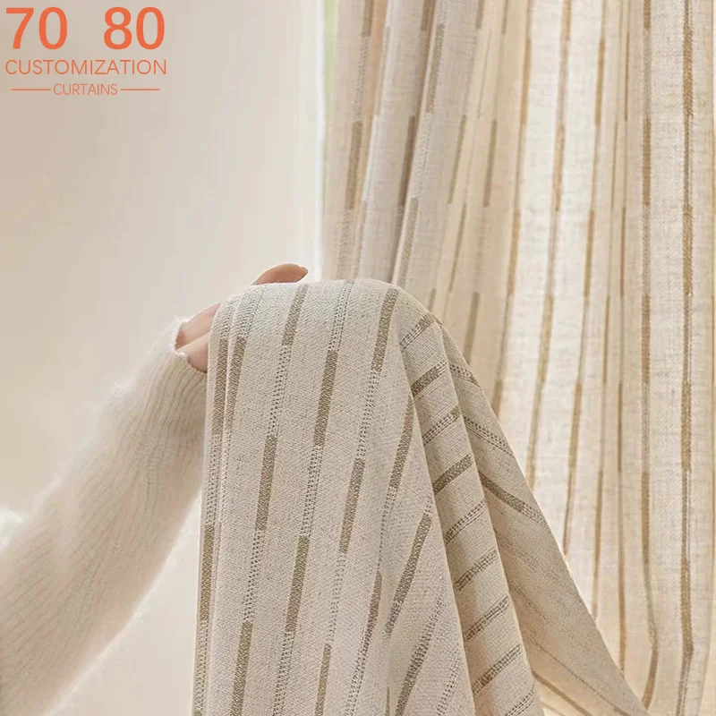 Log Stripe Linen Jacquard Window Curtains for Living Room Bedroom French Window Customized Finished Partition Curtain