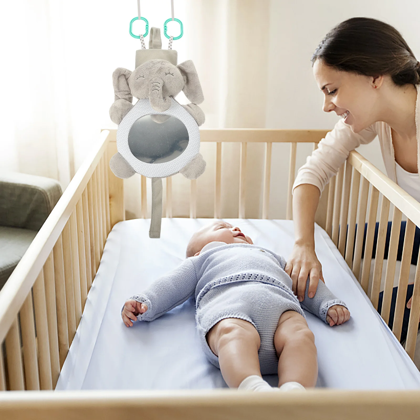 Lusterko Ha-Ha w kształcie zwierzątka, słonia, miękkie, bezpieczne, odkształcające obraz, do zawieszenia w łóżeczku, dla niemowląt i małych dzieci, wspomagające rozwój.