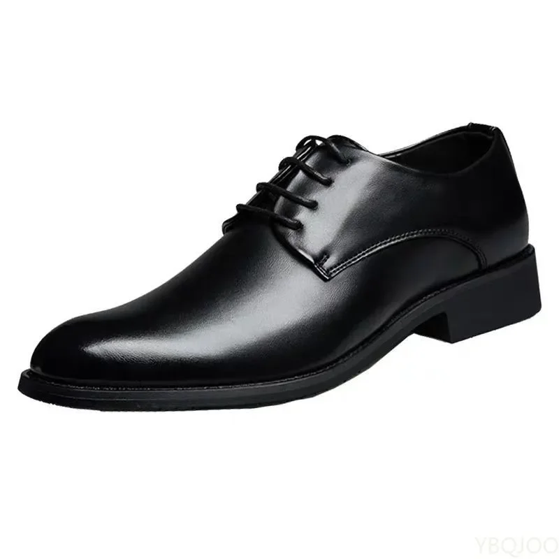 Breathable Lace Up Groom Wedding Shoes Men\'s Leather Shoe British Business Dress Pointe Toe Heigh Increasing Insole Non-Slip man