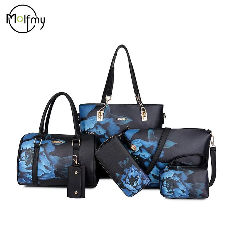 6/Piece Set Mother Handbag Vintage Tote Bags Printed High Quality Women\'s Bag Trend One Shoulder Crossbody Women Handbags Purse