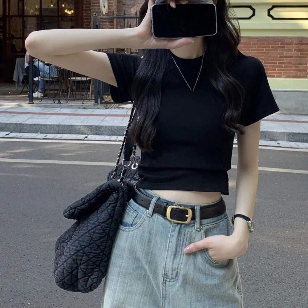 Urocza koszulka z krótkim rękawem w jednolitym kolorze, elegancki, dopasowany krój, krótki top w stylu Y2K, słodkie koszulki w stylu koreańskim dla kobiet i dziewcząt.