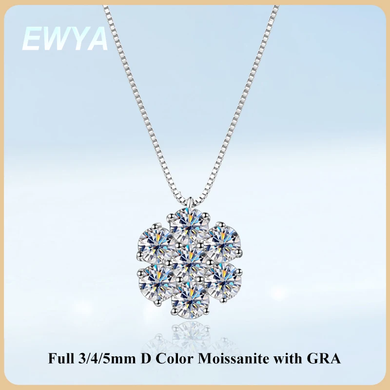 EWYA Flower Full 3/4/5mm D Color Moissanite Pendant Necklace for Woman Man 925 Silver GRA Certified 7-Stone Diamond Neck Chain