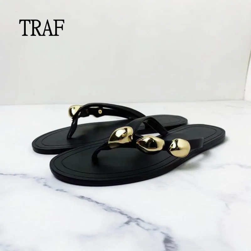 

TRAF 2024 Flat Sandals Women Slippers Summer Black Flip flops Shoes For Woman Metal Buckle Casual Flat Sandals Female Shoes