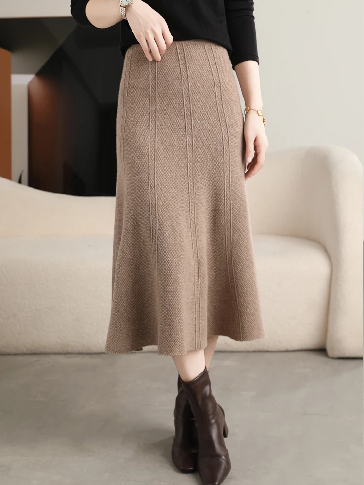 

Aliselect Autumn Winter Women Wool Pleaed Skirt 100% Merino Wool Knitwear Office Lady Grace Hip-hug High Waist A-line Skirts