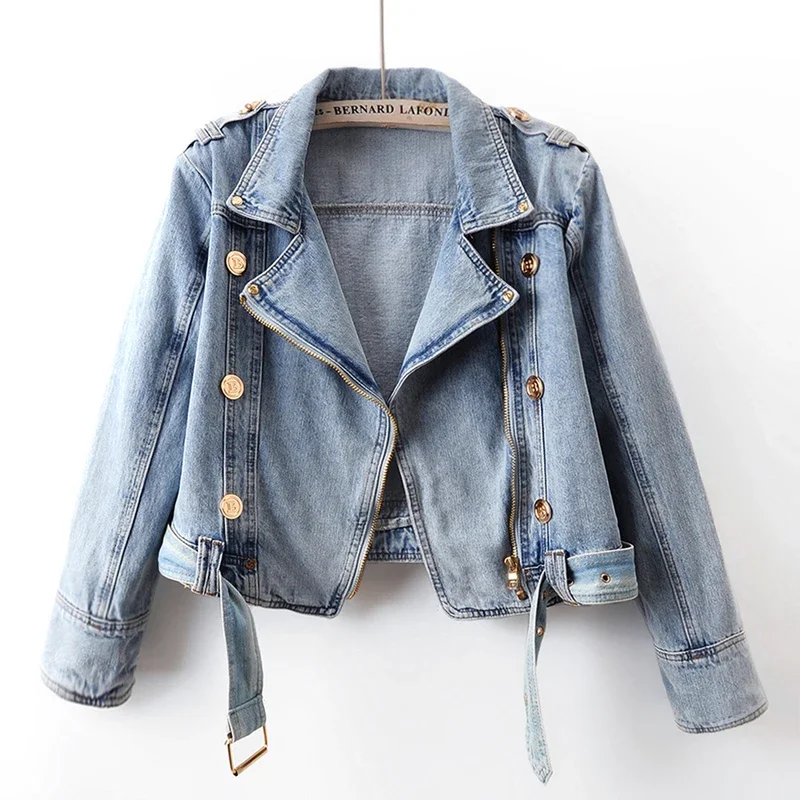 

Autumn Vintage Blue High Waist Zipper Denim Jacket Coat Women Loose Short Cowboy Outerwear Korean Hem Belt Jeans Jackets Female