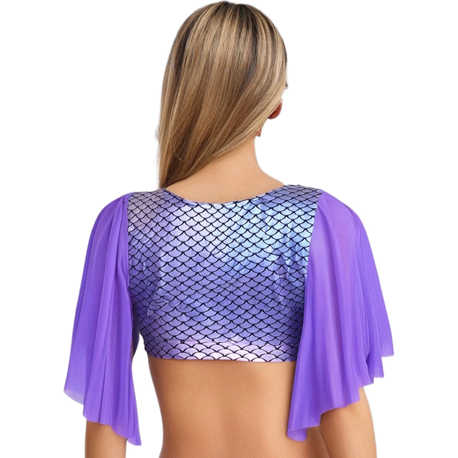 Womens Mermaid Fish Scale Printed Crop Top Shiny Metallic Sheer Mesh Short Sleeve Deep V Neck Slim Fit Tee Shirt Blouse Clubwear