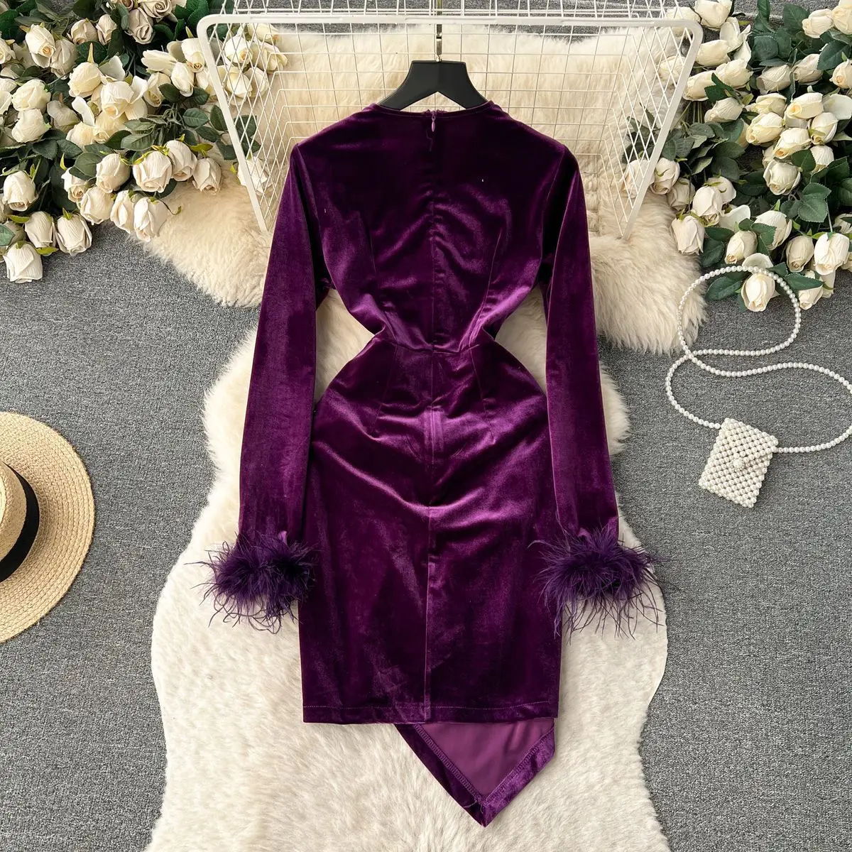 JAMERARY Luxury Banquet Velvet Dress Women\'s Sexy Wrap Robe Feathers Long Sleeve Sheath Bodycon Autumn Winter Vestidos