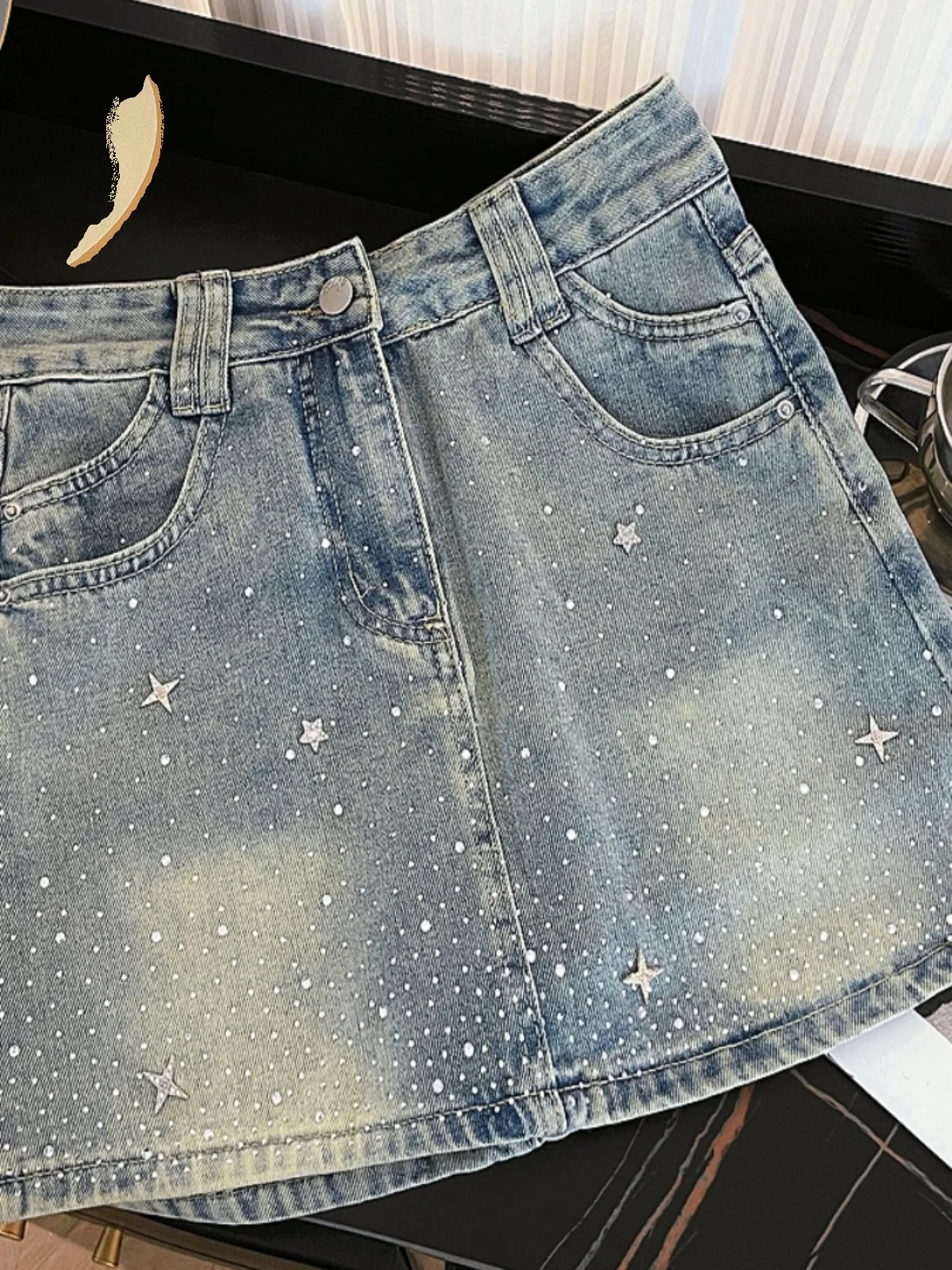 

Shiny Rhinestone Star High Waist Short Denim Skirt for Women Trendy Commute Style Cotton Polyester Blend A-Line Skirt