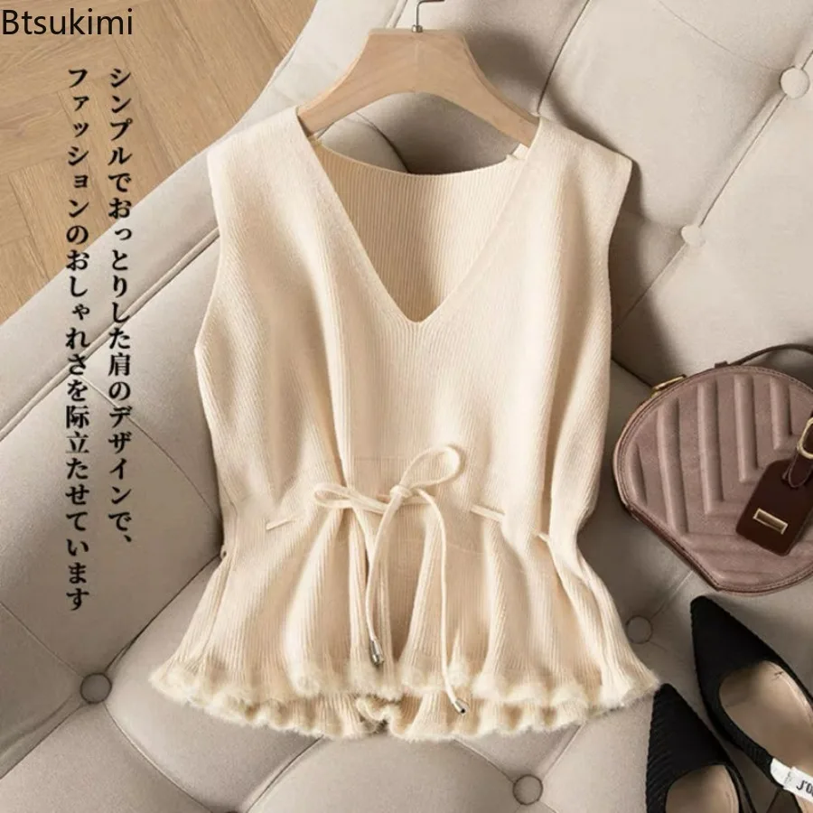 

New 2024 Women's Casual Knitted Tank Tops Vest Solid V-neck Waist Pullover Tank Top Sweater Outer Tank Top Girls Sleeveless Coat