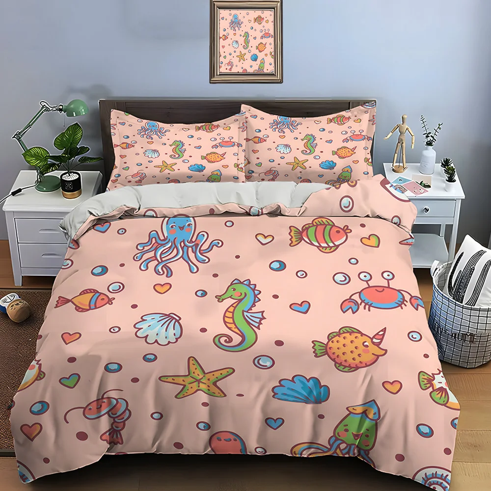 Seahorse and octopus marine elements Pattern Duvet Cover Set Digital Print Polyester Bedding with Zipper Closur for kids gifts