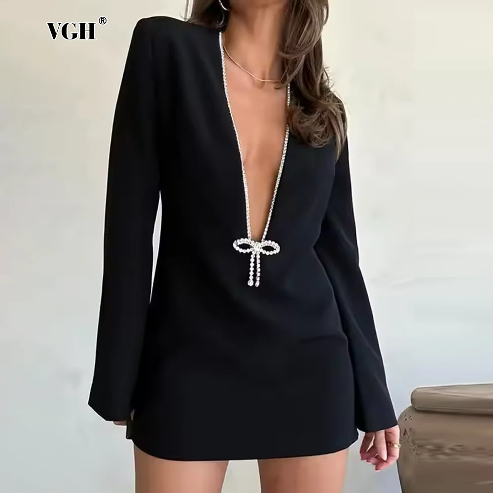 

VGH Sexy Mini Dresses For Women Deep V Neck Long Sleeve High Waist Patchwork Diamonds Minimalist Loose Dress Female Fashion New