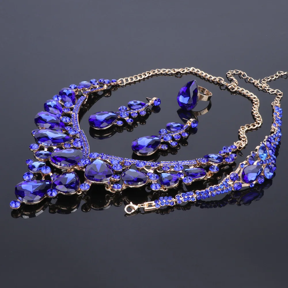 Wedding Jewelry High Quality Crystal Rhinestones Water Drop Necklace Earrings Bracelet Ring for Women Fashion Bridal Jewelry Set