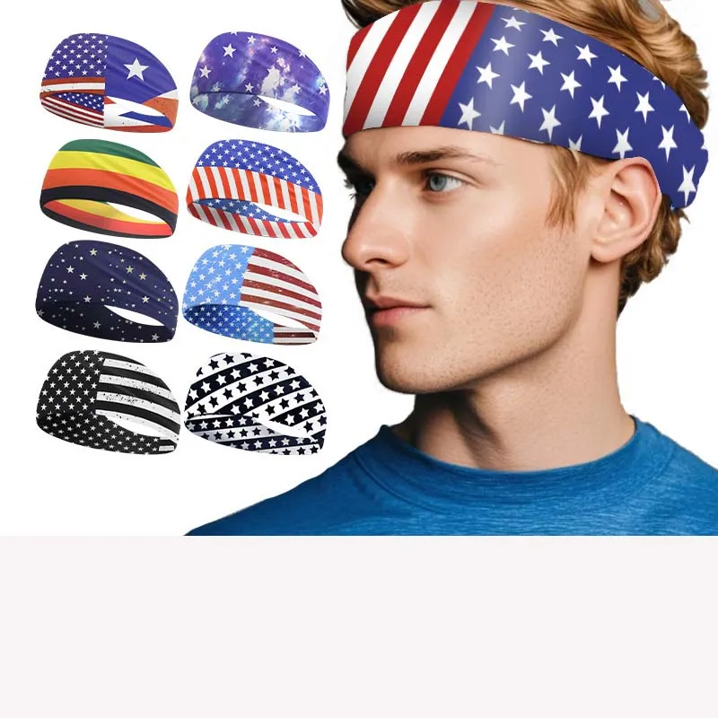 

Summer New Fashion Sweat-absorbent Sports Headband Wide Yoga Headband with American Flag Elements Unisex Running Sweat Guide
