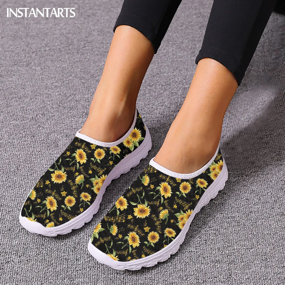 Sunflower Black Prints Women\'s Casual Flats Lightweight Slip-on Mesh Shoes Comfortable Slip-on Tennis Shock Absorption Footwear