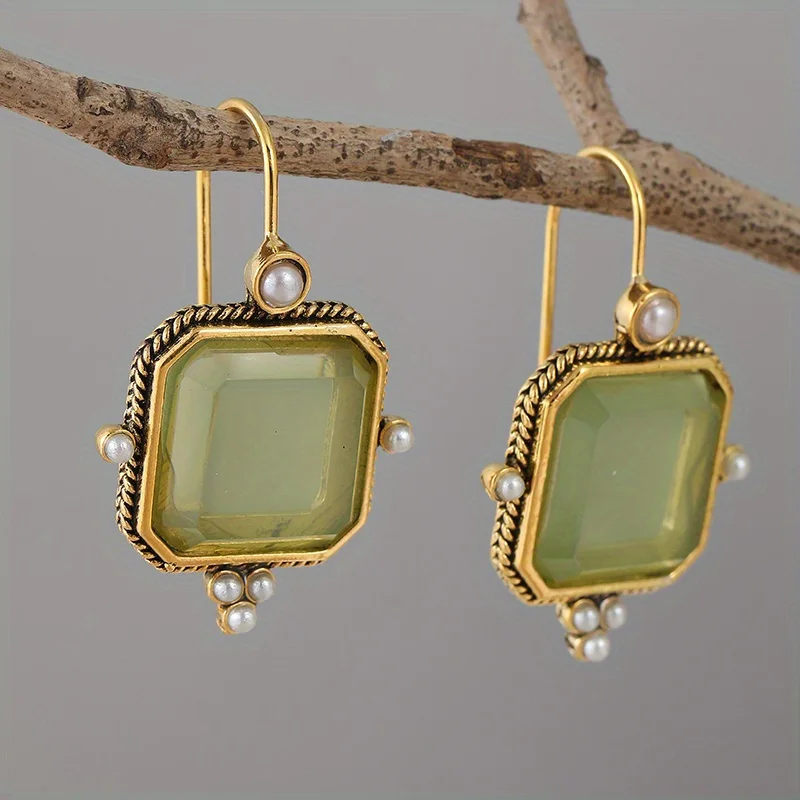 Vintage Intaglio 2024 New Trend Green Color Square Inlay Pearls Dangle Earrings For Women Party Birthday Antique Custom Jewelry image 4