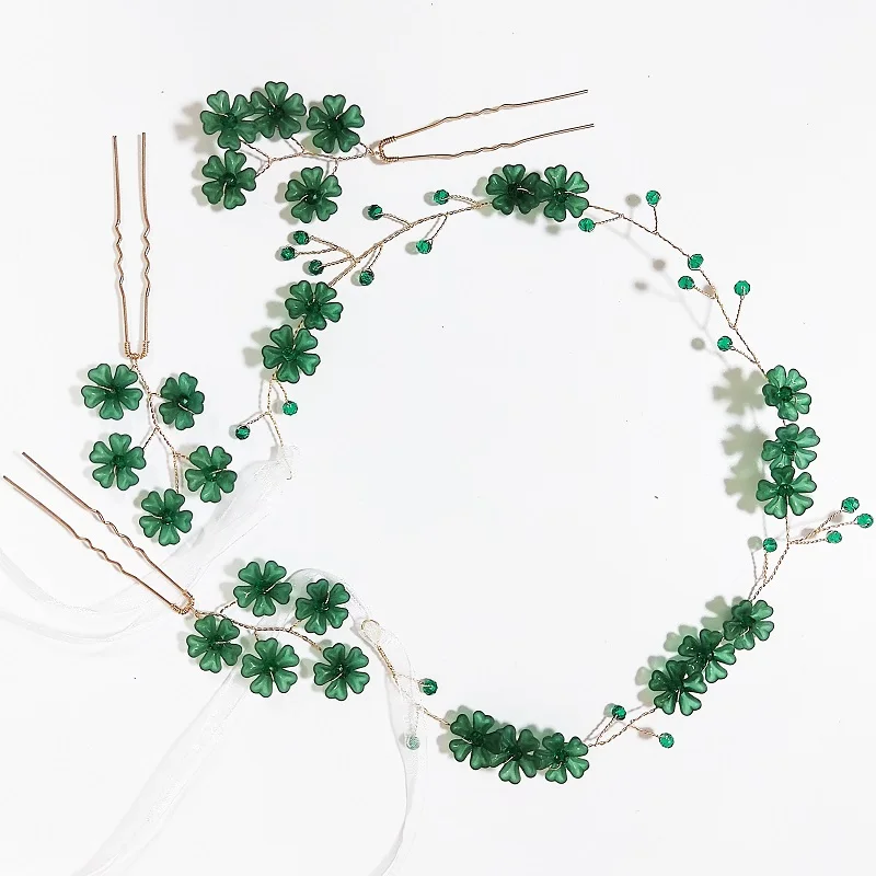 Green Color Flower Headbands Hairpin Artificial Pearl Hairbands Floral Headwear for Bride Wedding Women Girls Party Hair Jewelry