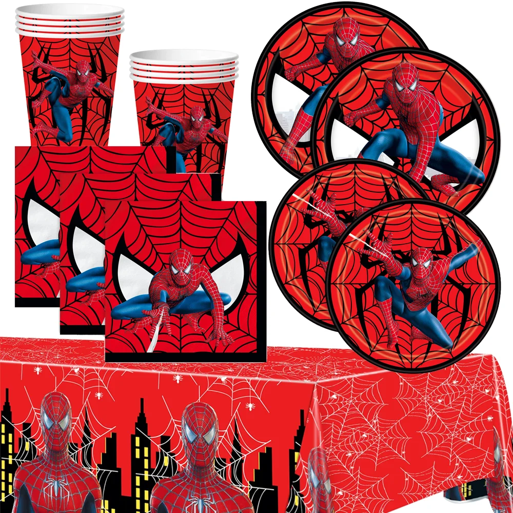 Suministros para fiesta de cumpleaños de Spiderman rojo, juego de vajilla, taza, plato, servilleta, mantel, adornos para pasteles, decoraciones de cumpleaños para niños