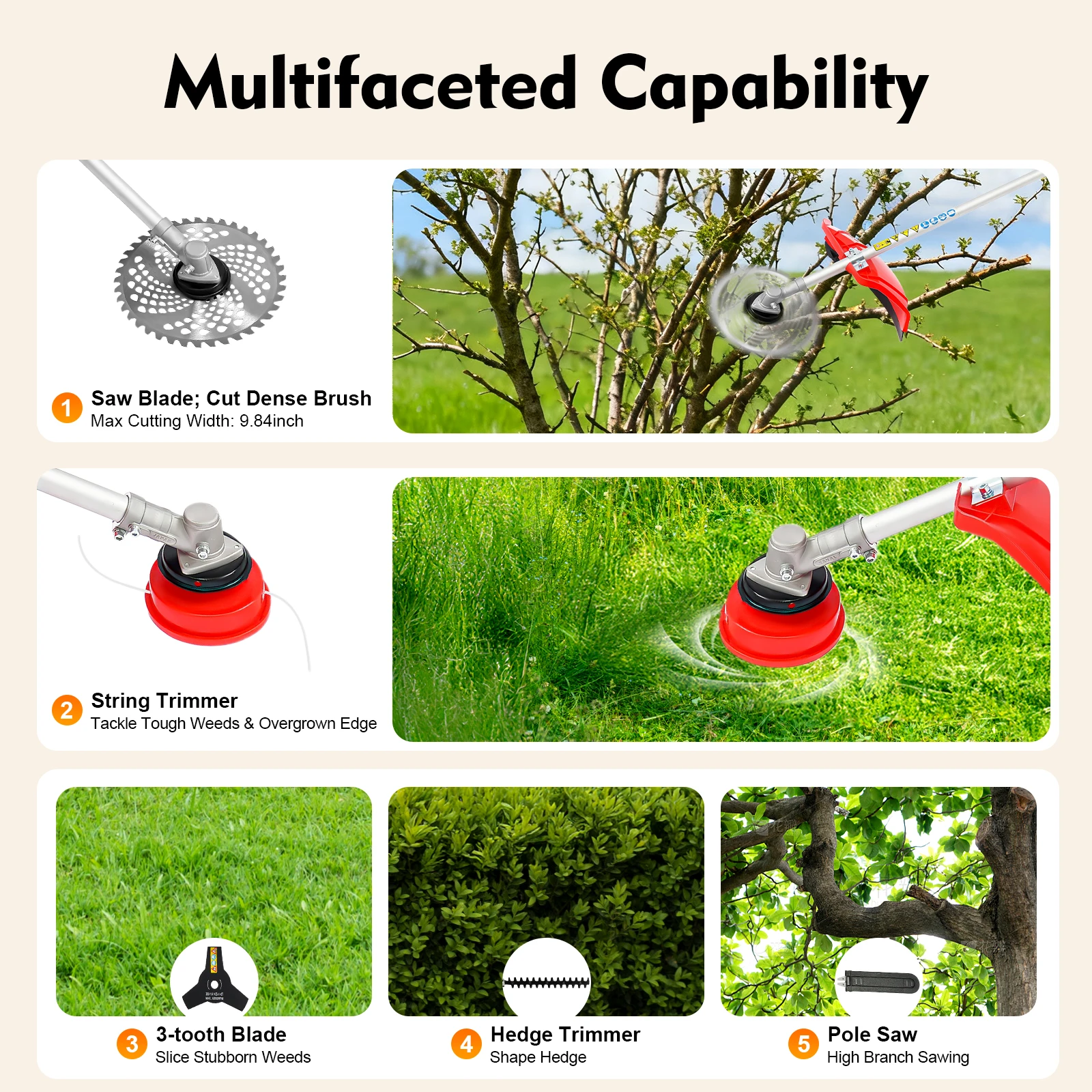 ชุดเครื่องมืออเนกประสงค์ 4 in 1 สำหรับทำสวน ประกอบด้วย กรรไกรตัดแต่งกิ่งไม้ เครื่องตัดหญ้า เลื่อยยนต์ 51.7 ซีซี 2 จังหวะ 4 กิโลวัตต์ ความกว้างการตัด 84 นิ้ว สำหรับสนามหญ้า สวน และสวนสาธารณะ