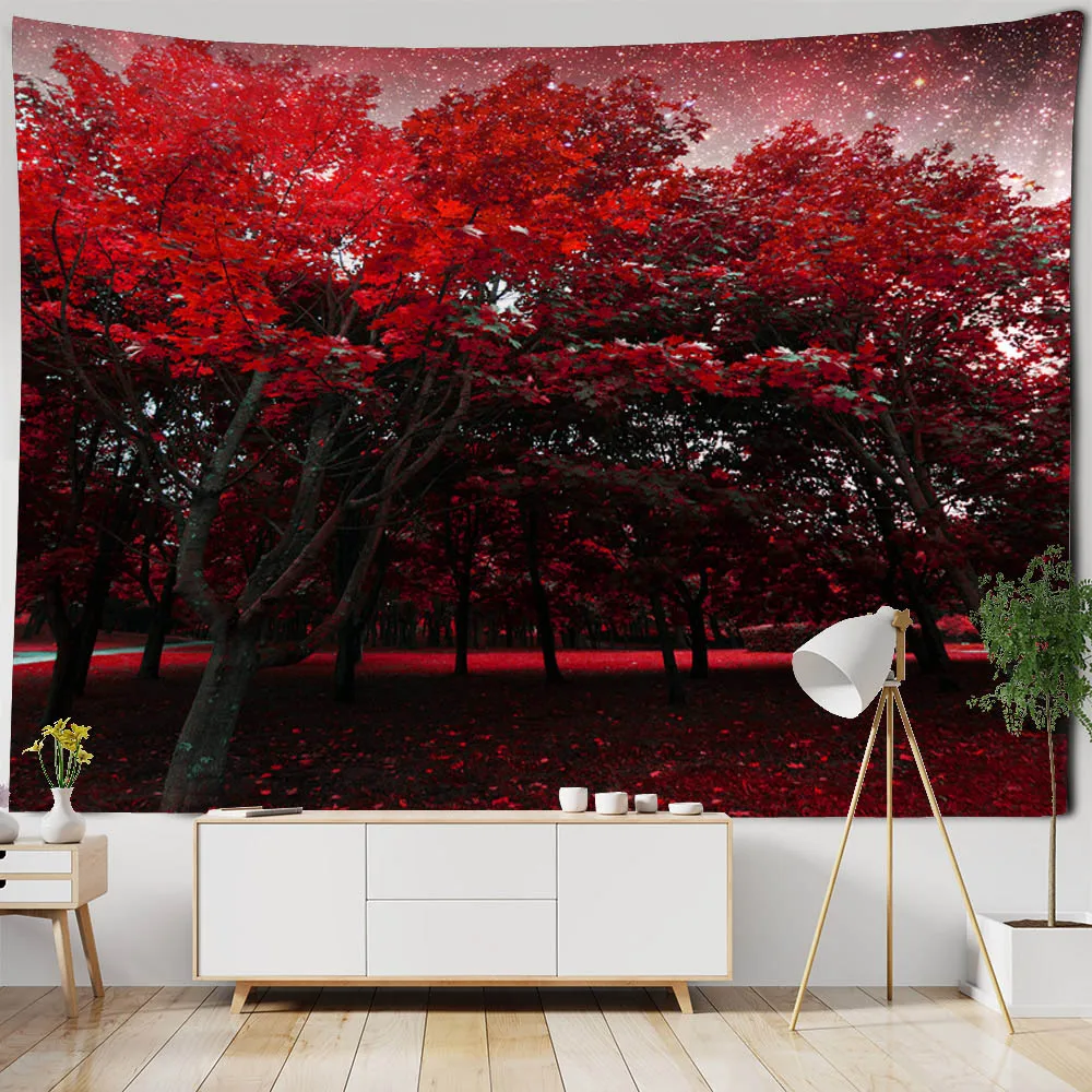 Red forest tapestry, night view starry sky wall hanging, living room bedroom home background wall decoration, minimalist style