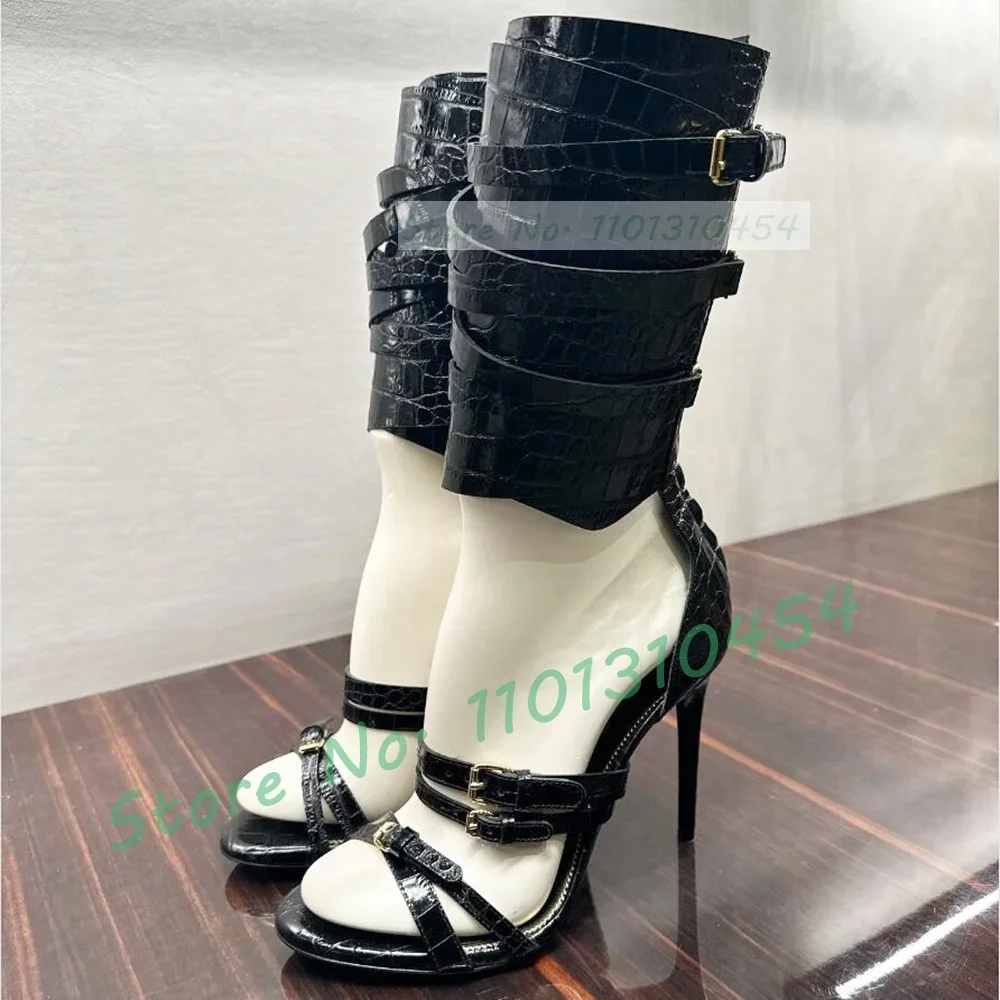 Stamped Crocodile Gladiator Sandals For Female Cross Ankle Strap Romen High Heels Long Sandals Woman Party Sexy Buckle Shoes