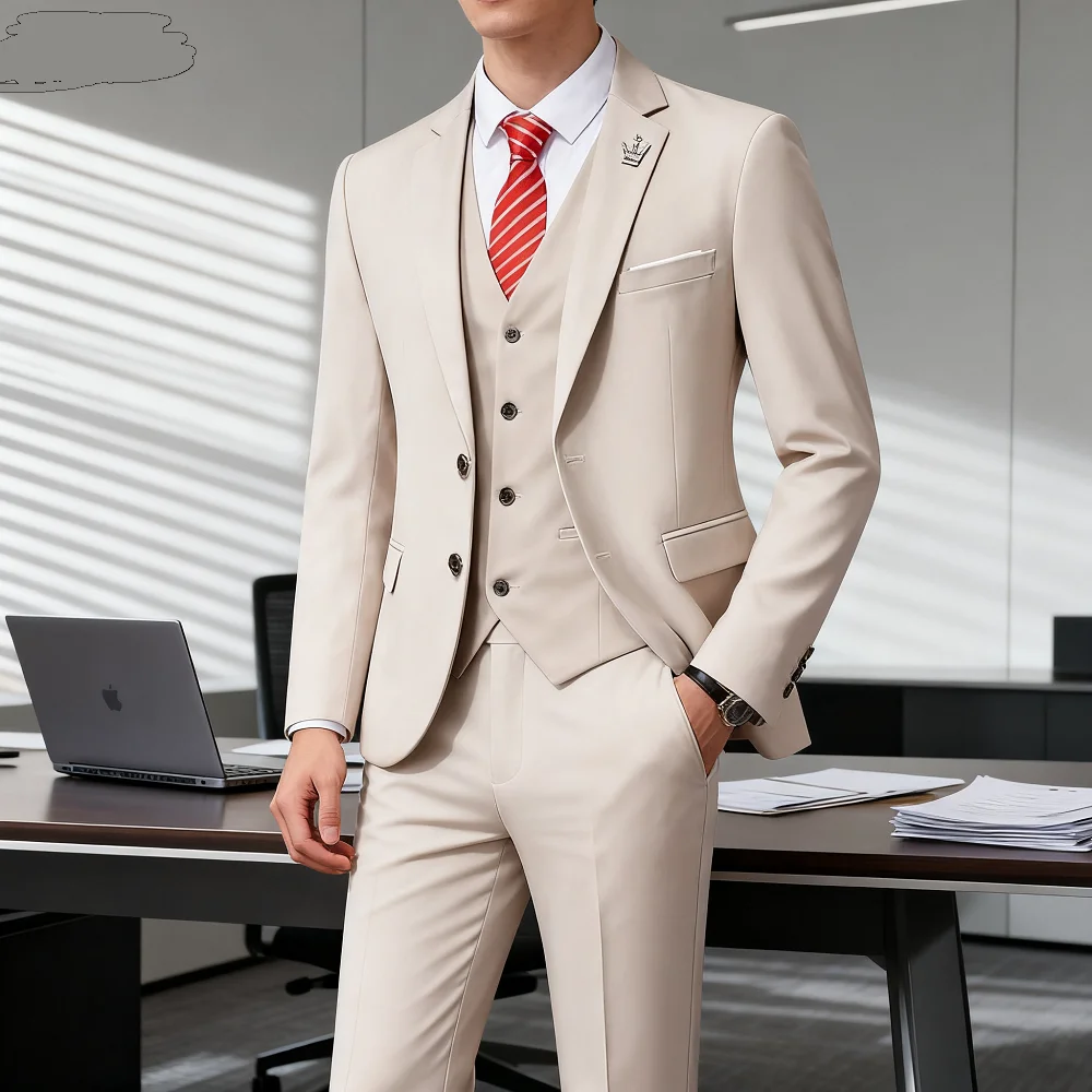 

Men's Rose Red Three-piece Business Casual Wedding Suit High-Quality Handsome European American Style for Business Parties