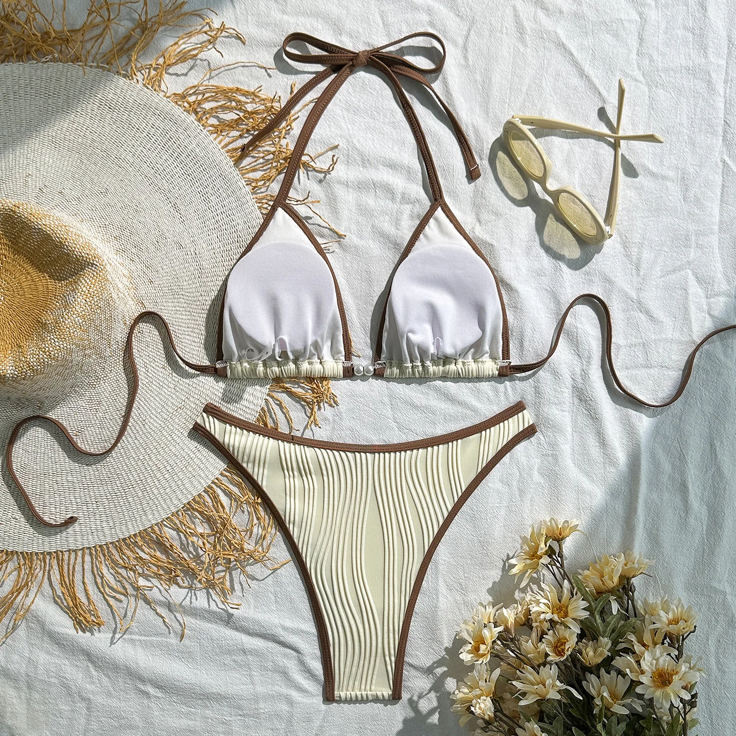 White & Brown Trim Pleated Triangle Bikini Set Halter Neck Tie Side Swimwear