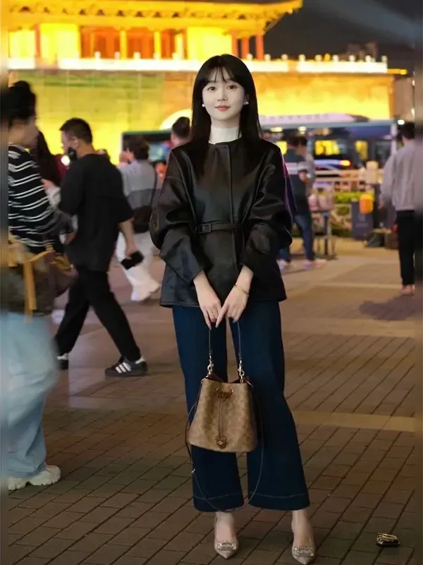 

Ele Bla Leather Jaet Women's Faionable Slim Fit Autumn Outerwear Korean Sle Stand Version Long Sve Zipper