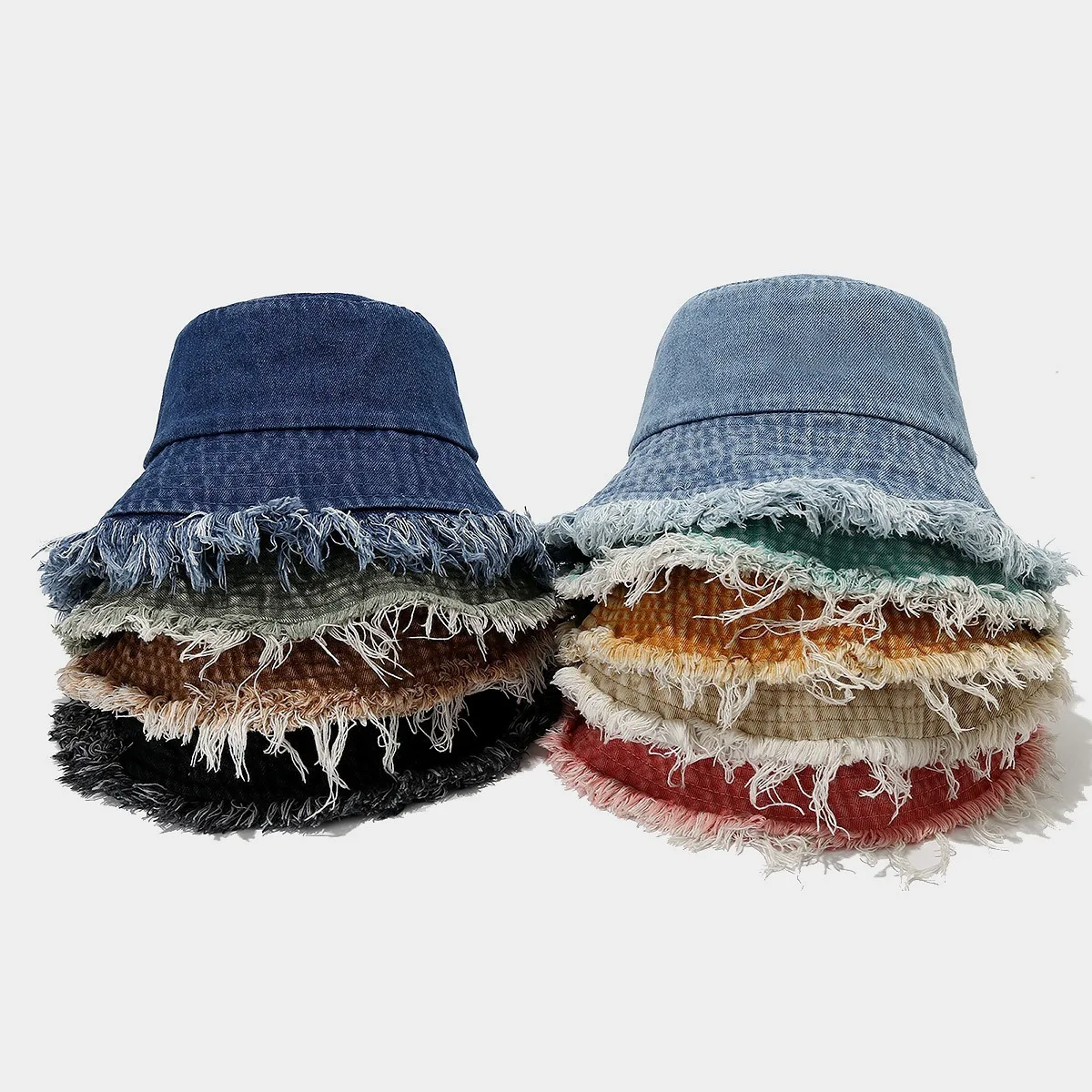 Unisex Trendy Autumn Solid Tassel Edge Washed Denim Summer Bucket Hat For Women Best Matched Sunshade Beach Fisherman Cap Gift