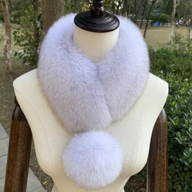 Winter Fox Fur Scarf With Fur Ball Female Genuine Fur Collar Neck Warmer Thick Soft Fur Scarf Shawl Natural Fur Gray Collar