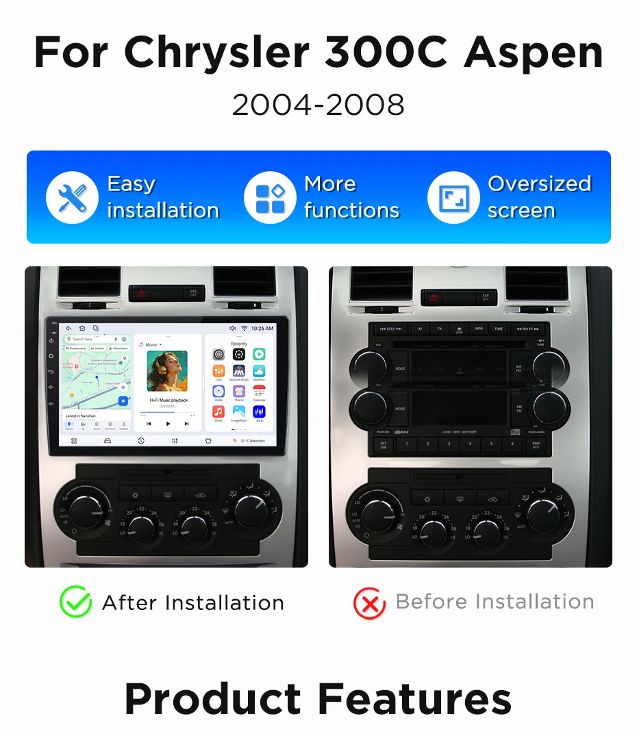 Junsun Android 15 Auto-Intelligenzsysteme für Chrysler 300 300C Aspen 2004-2011 AI Wireless CarPlay für Apple Auto 9" IPS – Detail 3
