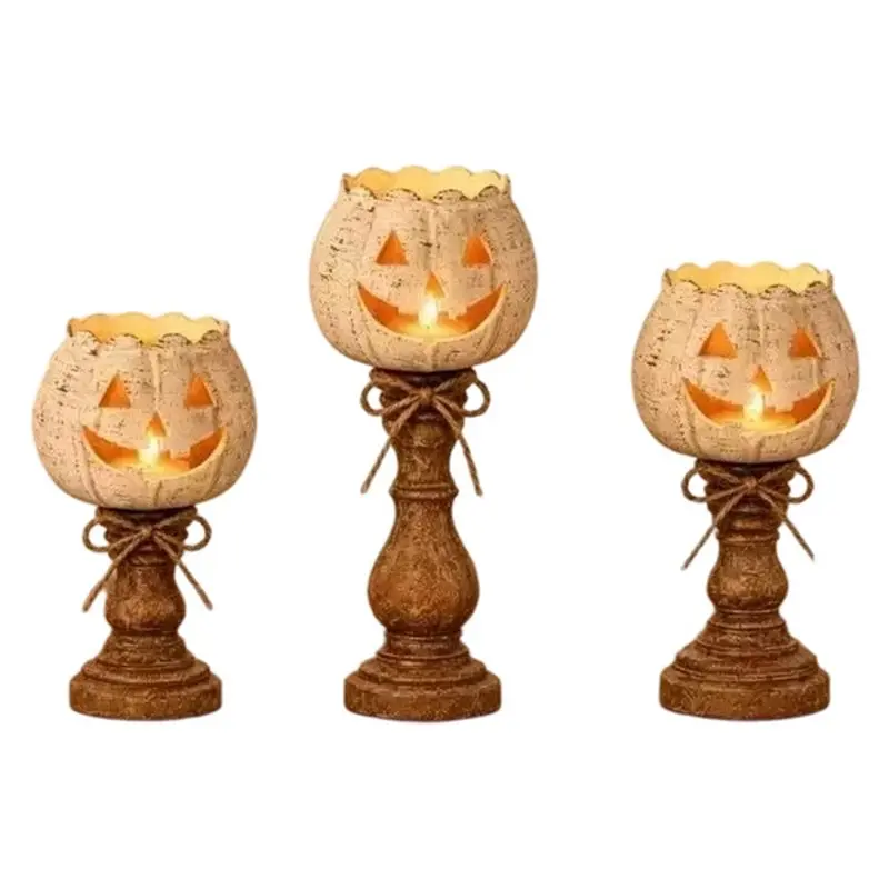 A02M-Tealight Candle Holder Set 3Pcs Rustic White Pumpkin For Farmhouse Halloween Fall Thanksgiving Party Table Centerpiece