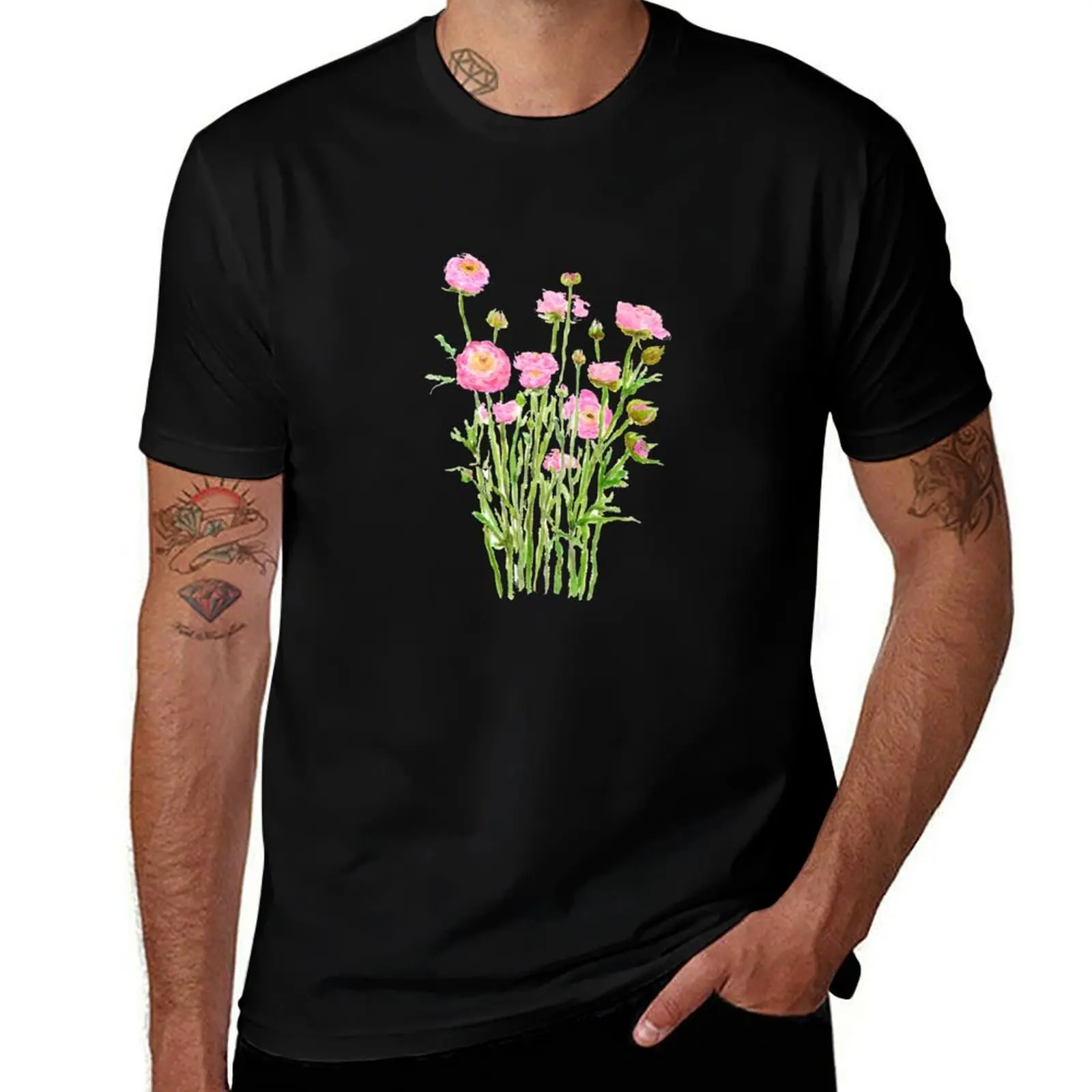 hand painted pink Ranunculus pink buttercup pink peony T-Shirt graphic tee shirt summer top t shirts for men graphic