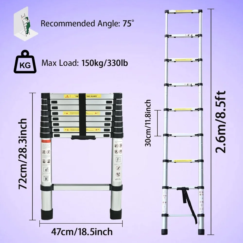 Collapsible Aluminum Extension Ladder - Lightweight Telescoping Ladder for RV, Attic, and Home Use with Securing Straps