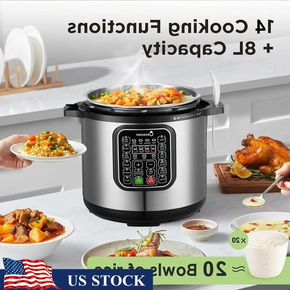 

8qt Stainless Steel Electric Pressure Cooker 14 in 1 Multi Cooker with Slow Cook Temperature Control and 24 Hour Timer