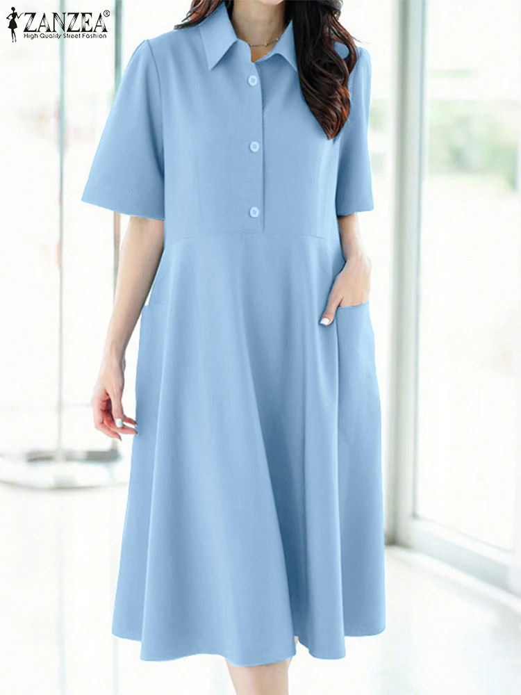 

2025 ZANZEA Casual Solid Color Dress Women Sundress Fashion Pockets Lapel Neck Solid Color Vestidos Short Sleeve Robe Femme